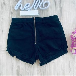 Black Denim Shorts with Front Zipper Closure